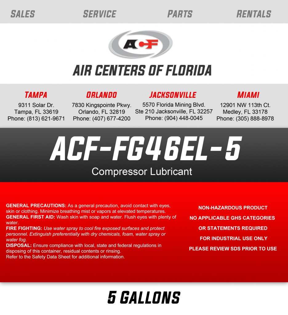 A product label for ACF-50 anti-corrosion lubricant compound, 5 gallons, with contact information for Air Centers of Florida locations in Tampa, Orlando, Jacksonville, and Miami.