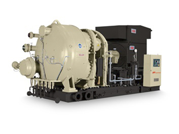 Industrial centrifugal compressor unit on a skid, designed for heavy-duty mechanical processes by Air Centers of Florida.