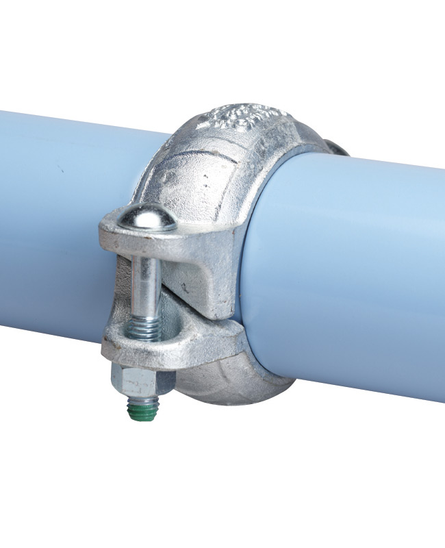A metal pipe clamp securely fastened around a blue PVC pipe by Air Centers of Florida.