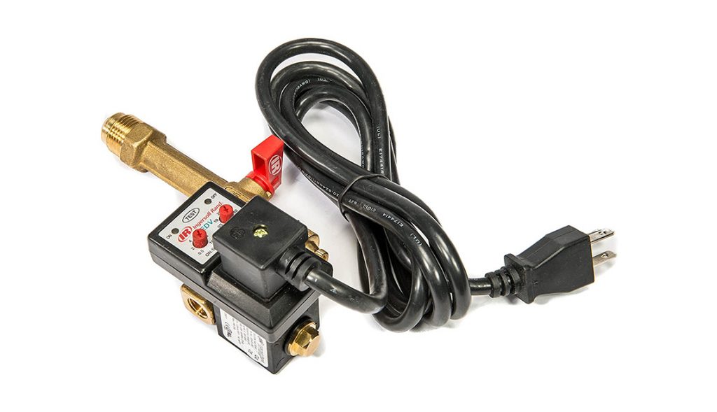 Electrically controlled solenoid valve with brass fittings and a power cord on a white background, supplied by Air Centers of Florida.