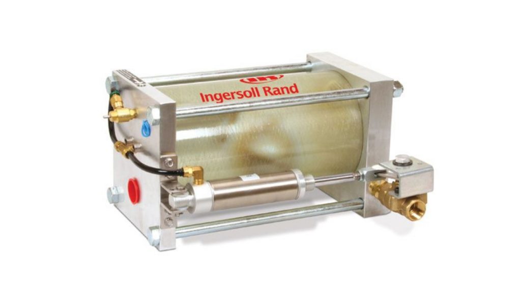 Ingersoll Rand pneumatic cylinder with stainless steel body and attached valves for industrial machinery applications, provided by Air Centers of Florida.