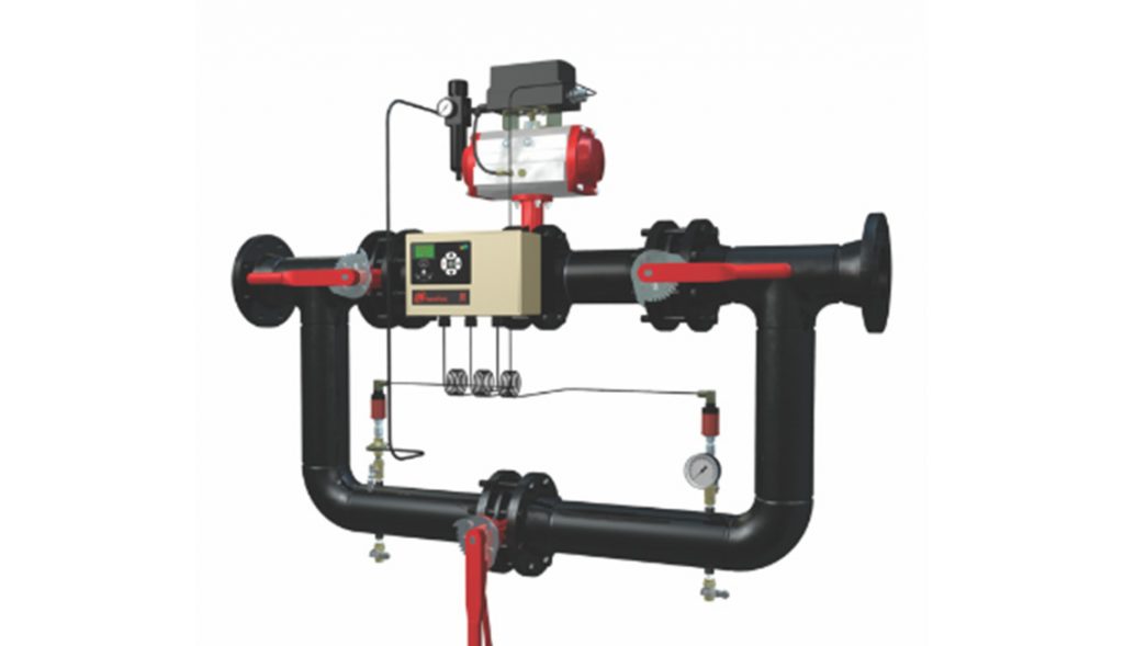 Industrial pipeline featuring an automated valve and Air Centers of Florida control system against a neutral background.