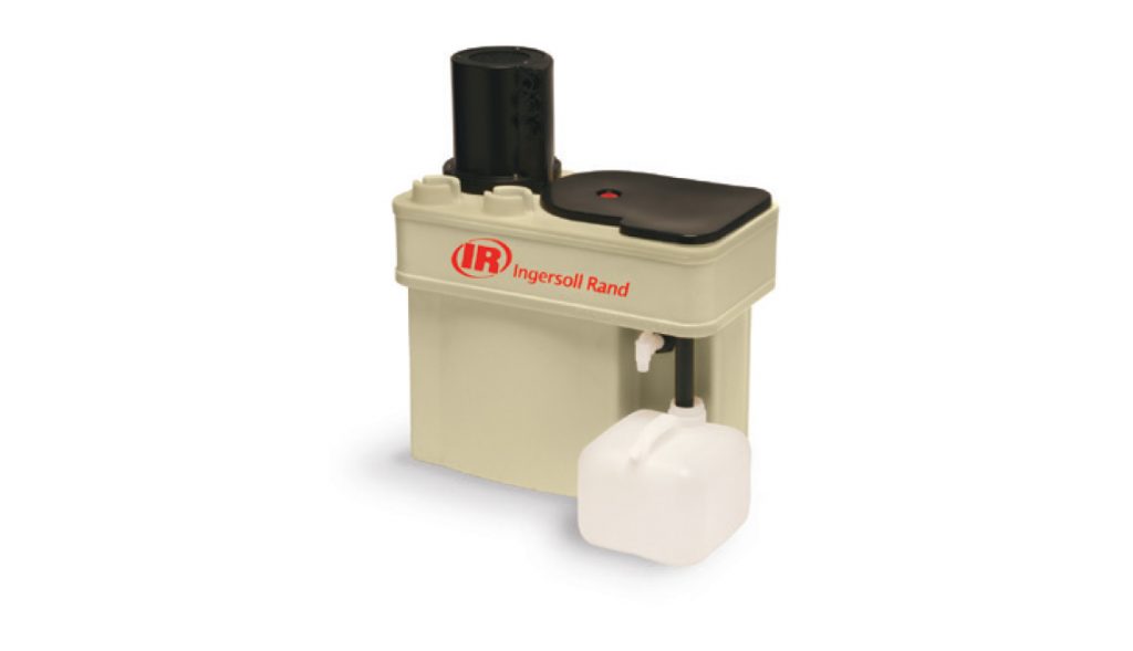 Beige and black Ingersoll Rand industrial lubricator from Air Centers of Florida with a pressure gauge on a white background.