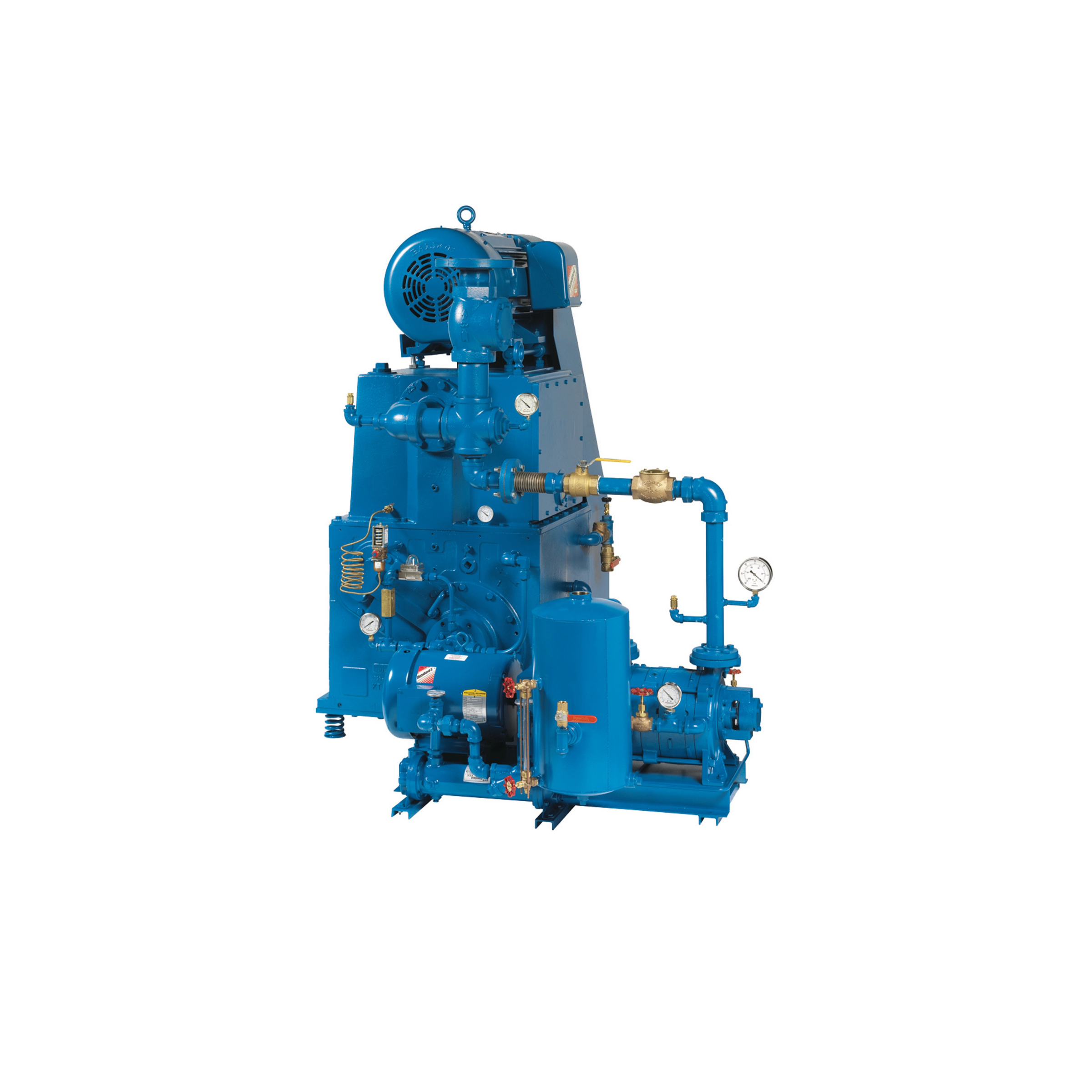 Industrial Kinney vacuum pump system skid with integrated motor, piping, gauges, and vertical separator tank